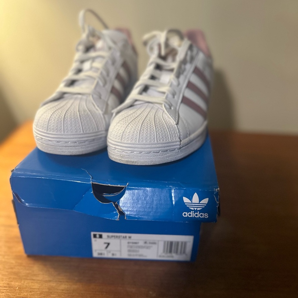 Adidas Women’s Superstar White and Pink Shoes